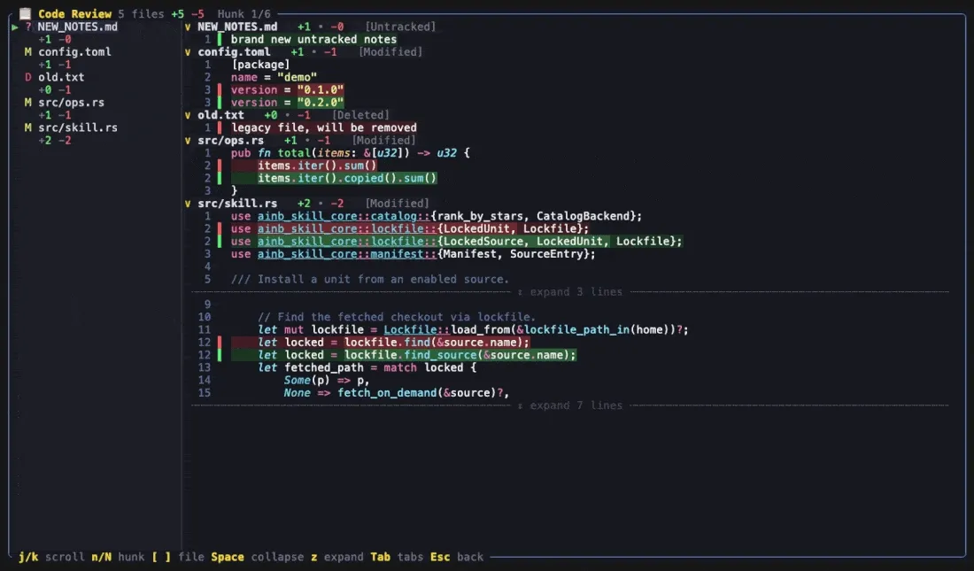 Word-level intra-line emphasis and expand-context — only the changed tokens (LockedSource, find_source) are brighter; the dotted row reveals hidden context lines