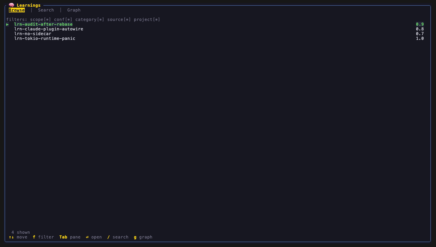 The learnings Browse tab: notes listed by id with confidence and a filter chip bar